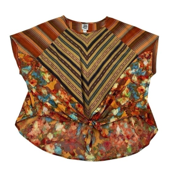 ivy jane Tops - Ivy Jane Womens Mixed Media Floral Stripe Tie Front Top Multi Color M Hippie